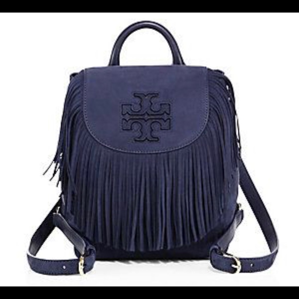 Tory Burch Mini Harper Suede Fringe Backpack Navy